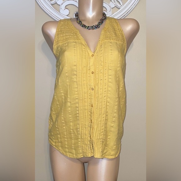 Prana women’s small tank blouse Mustard yellow Sleeveless vnevk button front - Picture 1 of 8